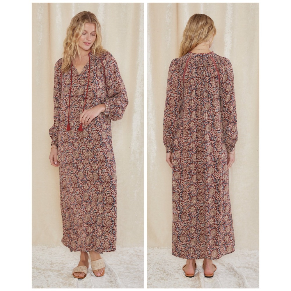 RAGA Anaka L/S Maxi Dress Women M Rust Floral Boho Tassel Long Sleeve Viscose